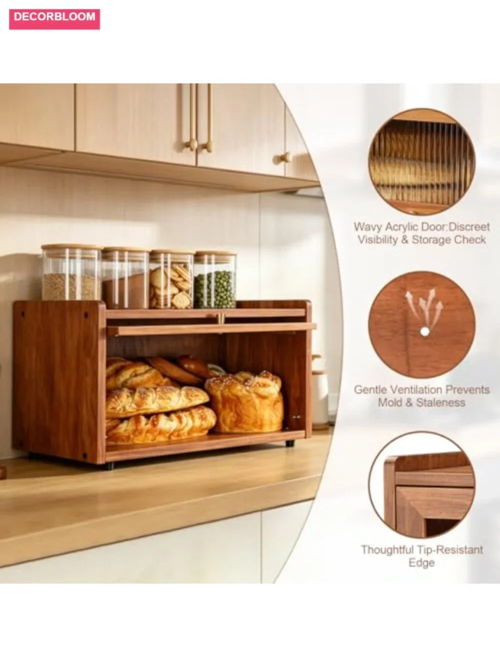 Wooden Bread Box for Kitchen Countertop with Acrylic Door, Flat Top Storage,